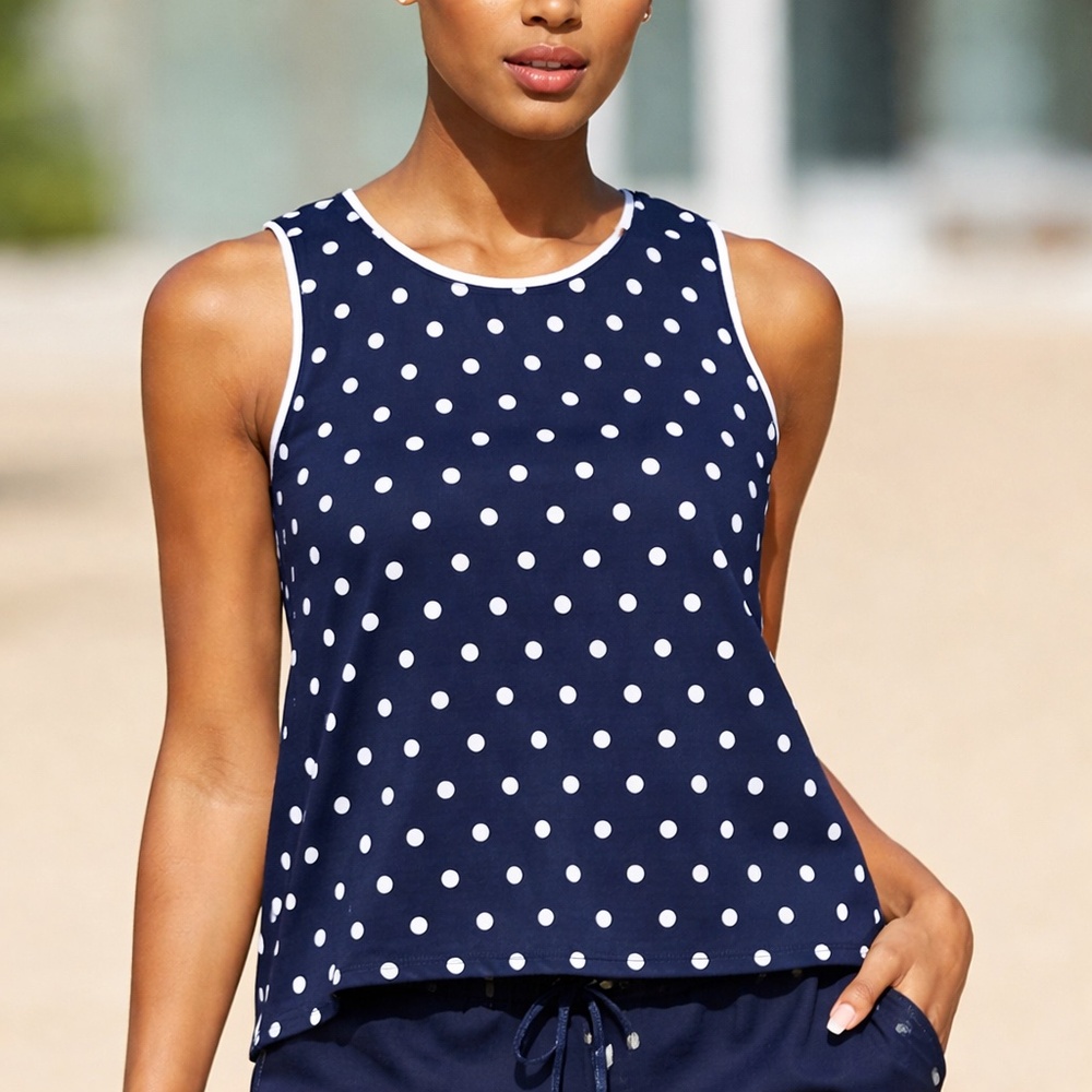 Polka Dot‎ Sleeveless Blouse Navy White Relaxed Fit Back Slit Top